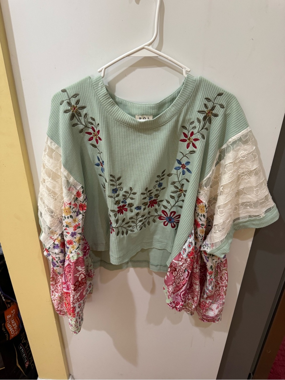 POL Mint Green Embroidered Boho Crop Top with Lace Bell Sleeves